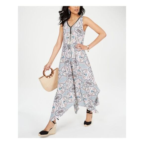 STYLE & COMPANY Womens White Printed Sleeveless V Neck Tea-Length Shift Dress XS - Picture 2 of 2